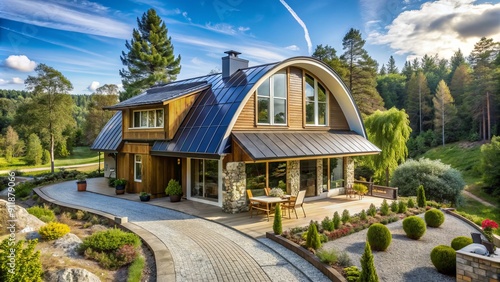 Wallpaper Mural Rustic Swedish village frames a modern villa's curved roof, seamlessly blending traditional architecture with sleek, high-efficiency solar panels, showcasing sustainable living in harmony with nature. Torontodigital.ca