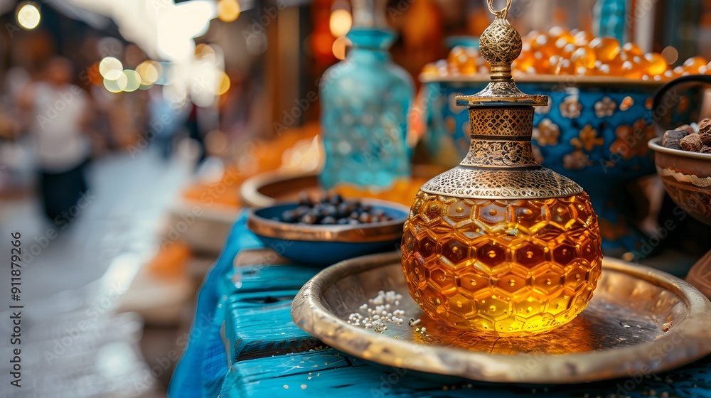 Ornate Perfume Bottle on Display in a Moroccan Market Ornate Perfume Bottle on Display in a Moroccan Market