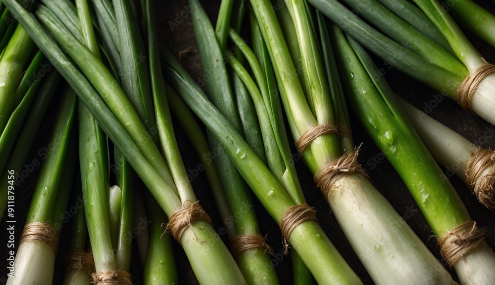 Close-up of fresh green onions with water droplets on them Close-up of fresh green onions with water droplets on them