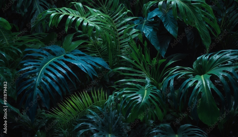 Fototapeta premium Dense rainforest foliage with different shades of green leaves.