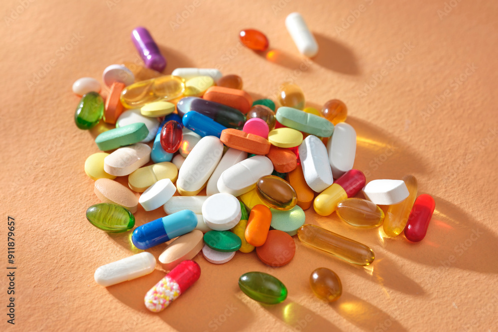 A lot of pills of different colors and shapes stacked together A lot of pills of different colors and shapes stacked together