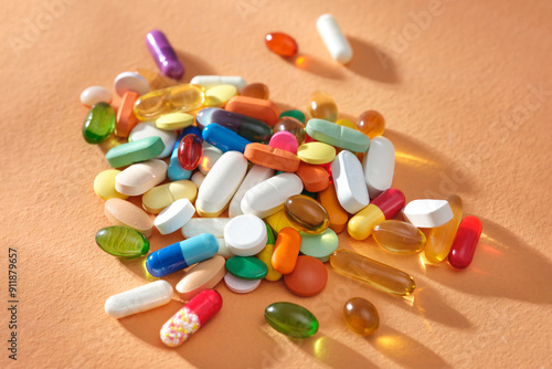A lot of pills of different colors and shapes stacked together