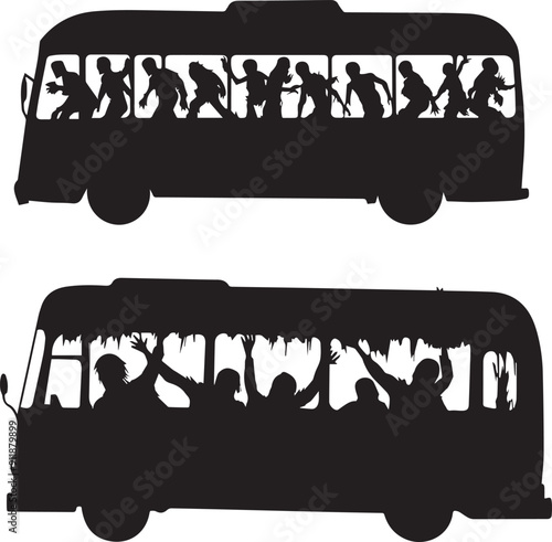 Zombies in bus silhouette vector, zombies in school bus attacked on passengers vector