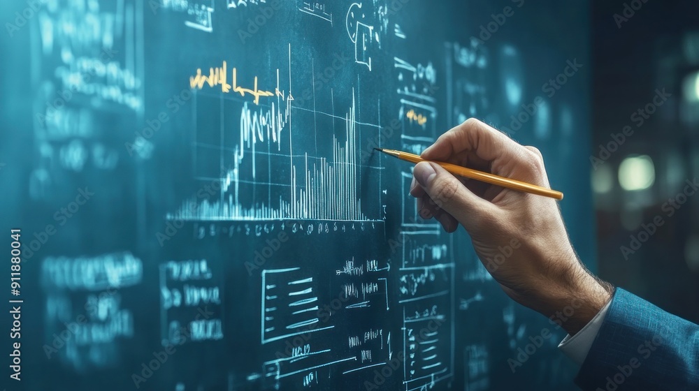 Fototapeta premium A hand is drawing a graph on a blue surface.