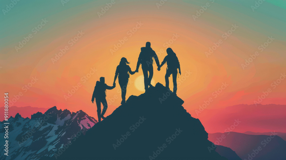 Silhouetted hikers reaching the summit at sunset, symbolizing teamwork, adventure, and achievement in nature. Silhouetted hikers reaching the summit at sunset, symbolizing teamwork, adventure, and achievement in nature.