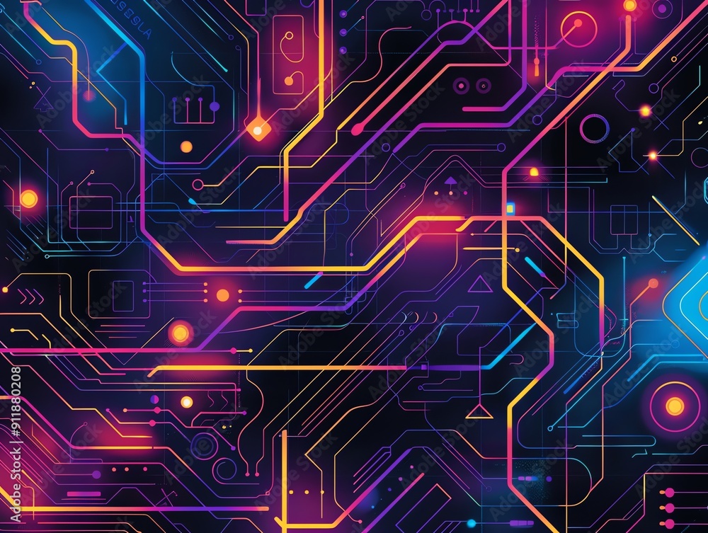 Neon circuit board background, cyberpunk style, glowing lines and shapes, futuristic technology concept Neon circuit board background, cyberpunk style, glowing lines and shapes, futuristic technology concept