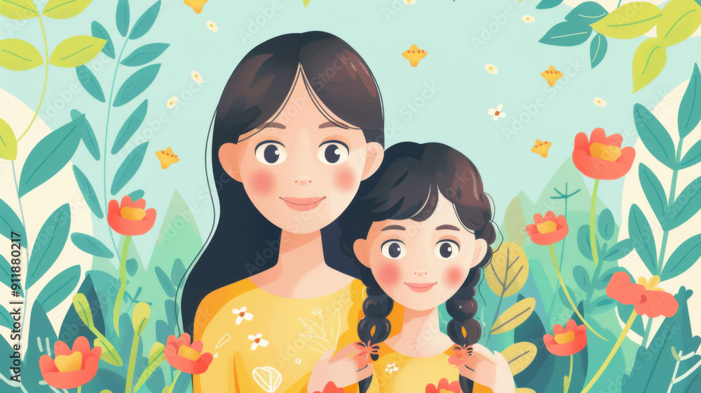 Whimsical illustration of a mother and daughter in a garden, surrounded by flowers and foliage, with a cheerful atmosphere. Whimsical illustration of a mother and daughter in a garden, surrounded by flowers and foliage, with a cheerful atmosphere.