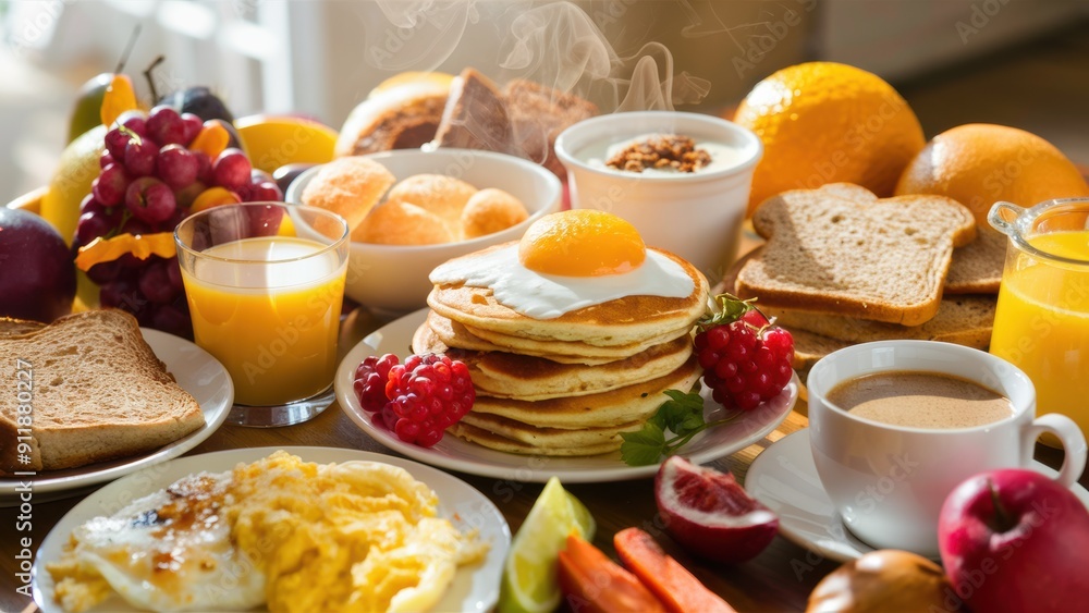 A table with a variety of breakfast foods and drinks, AI A table with a variety of breakfast foods and drinks, AI