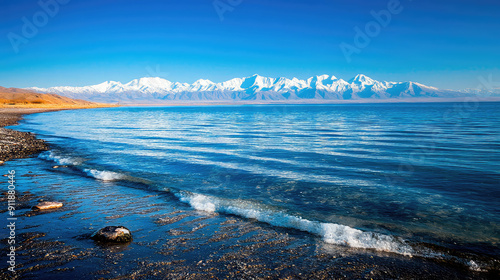 A huge and serene lake with clear blue water and snow-capped mountains in the distance. Generative AI photo