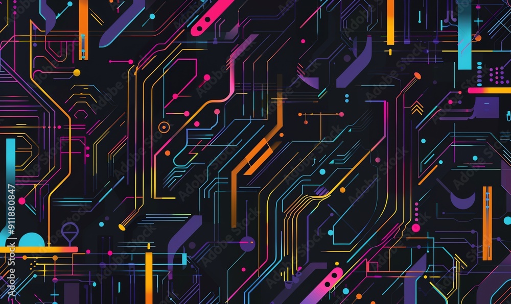 Abstract vibrant digital circuit board with neon lights, showcasing technology and innovation. Abstract vibrant digital circuit board with neon lights, showcasing technology and innovation.