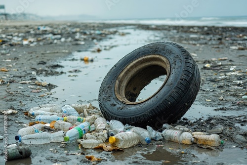 A tire is laying on the beach next to a pile of plastic bottles. The scene is dirty and unappealing, with the tire and bottles scattered across the sand. Scene is one of pollution and neglect