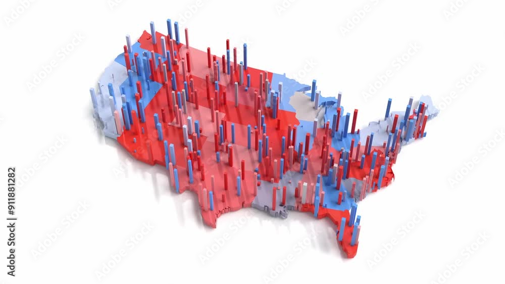 usa map of republicans and democrats vote counting data visualization of the electoral colleges 3d animation loop. Can be used to represent president or senate election, swing states or democracy