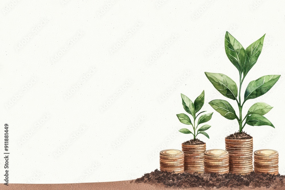 A beautiful water color illustration of plants growing from coin stacks in rich soil A beautiful water color illustration of plants growing from coin stacks in rich soil