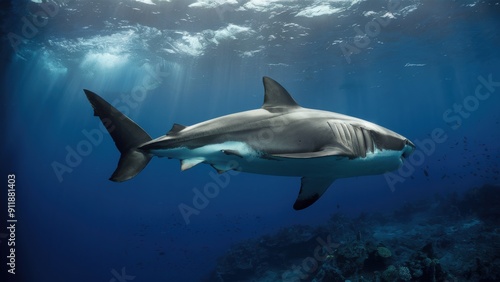 A large shark swimming in the ocean with a coral reef behind it, AI