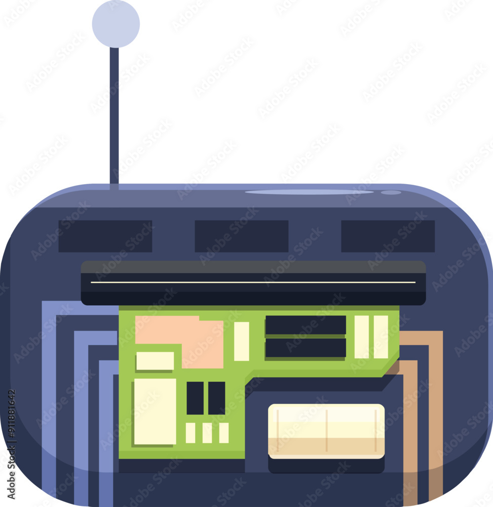 Electronic device's circuit board is on display, highlighting its complex inner workings and connectivity through a prominent antenna Electronic device's circuit board is on display, highlighting its complex inner workings and connectivity through a prominent antenna