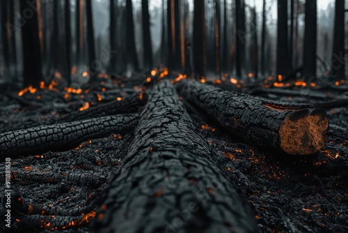 A charred forest aftermath, with blackened tree trunks and ashcovered ground photo