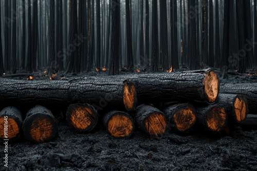 A charred forest aftermath, with blackened tree trunks and ashcovered ground photo