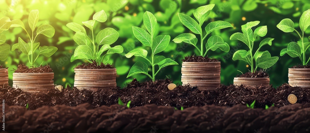 A detailed depiction of growing plants sprouting from stacks of coins A detailed depiction of growing plants sprouting from stacks of coins
