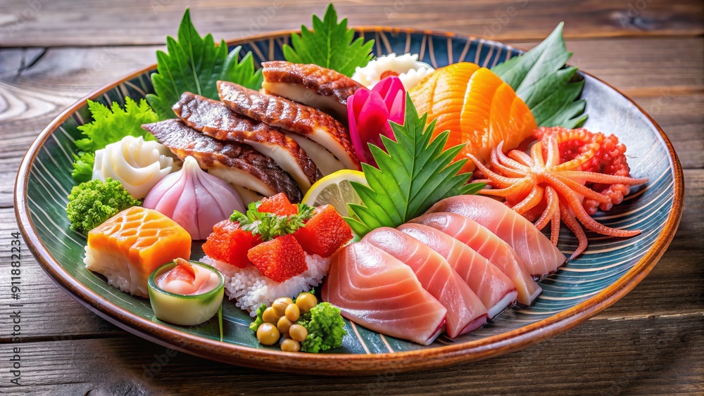 Vibrant arrangement of assorted raw sashimi delicacies including succulent shrimp, salmon, tuna, octopus, and squid, beautifully presented on a traditional Japanese plate. Vibrant arrangement of assorted raw sashimi delicacies including succulent shrimp, salmon, tuna, octopus, and squid, beautifully presented on a traditional Japanese plate.
