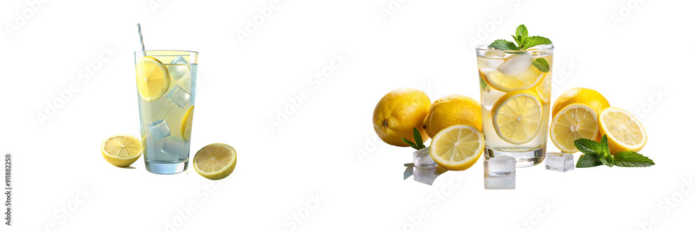 Lemonade Glass with Ice and Lemon Slices on Isolated Background Lemonade Glass with Ice and Lemon Slices on Isolated Background