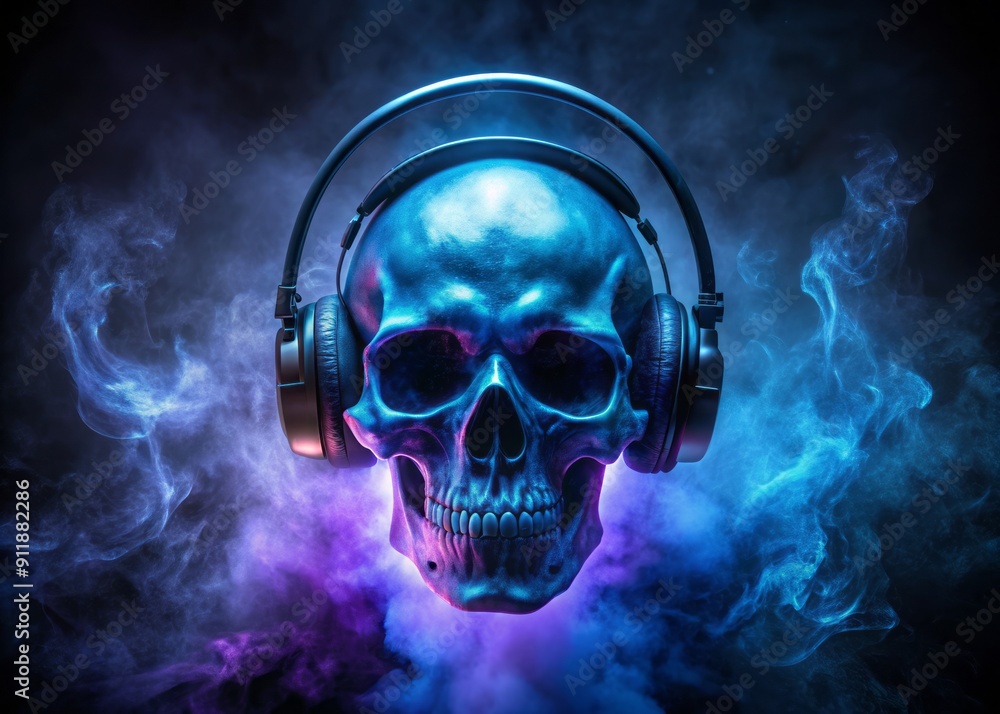 A eerie, glowing blue skull with trendy black headphones wrapped around its cranium, surrounded by dark mystic mist and eerie purple ambient lighting atmosphere. A eerie, glowing blue skull with trendy black headphones wrapped around its cranium, surrounded by dark mystic mist and eerie purple ambient lighting atmosphere.