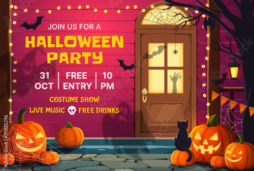 Halloween party flyer with decorated door porch. Vector invitation poster with black cat sitting on front of doorway, with shadow of zombie hand, ghosts and bats, holiday garlands and spooky pumpkins