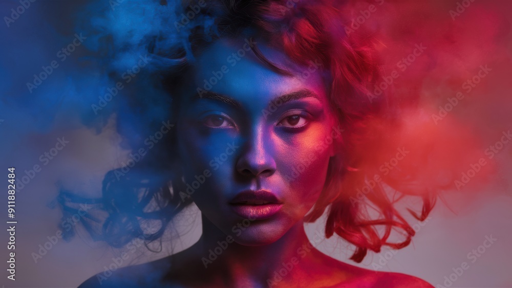 A woman with blue and red smoke coming out of her head, AI A woman with blue and red smoke coming out of her head, AI
