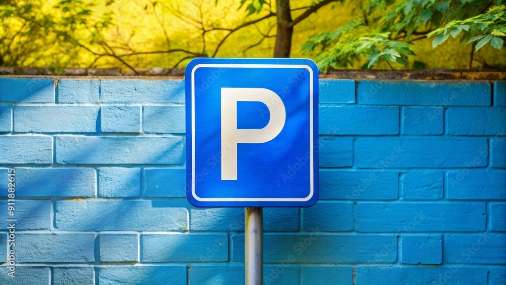 Vibrant blue parking sign stands out against a calm blue wall background in a serene park setting, conveying a sense of tranquility and order. Vibrant blue parking sign stands out against a calm blue wall background in a serene park setting, conveying a sense of tranquility and order.