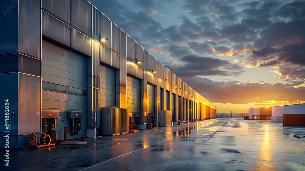 Early morning sunrise casts warm glow on vast modern gray warehouse distribution facility with rows of stacked shipping containers and tall loading dock doors. Early morning sunrise casts warm glow on vast modern gray warehouse distribution facility with rows of stacked shipping containers and tall loading dock doors.