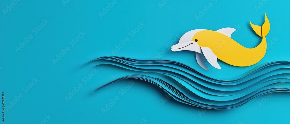 A playful dolphin breaking through a blue paper wave, representing joy and energy, ocean life, banner, with copy space A playful dolphin breaking through a blue paper wave, representing joy and energy, ocean life, banner, with copy space