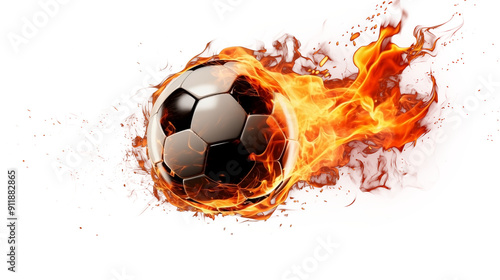 Close Up to a Soccer Ball Flying with Burning Fire Flame PNG isolated on white and transparent background - Flying Football trajectory Flame effect Soccer kick Ball Motion Impact Sports Concept