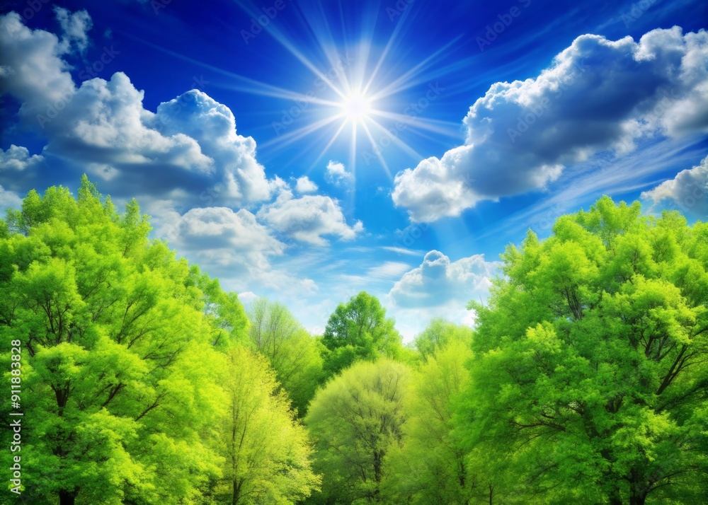 Vibrant green trees and lush foliage bloom against a blurred, sunny spring backdrop featuring a brilliant blue sky with puffy white clouds. Vibrant green trees and lush foliage bloom against a blurred, sunny spring backdrop featuring a brilliant blue sky with puffy white clouds.