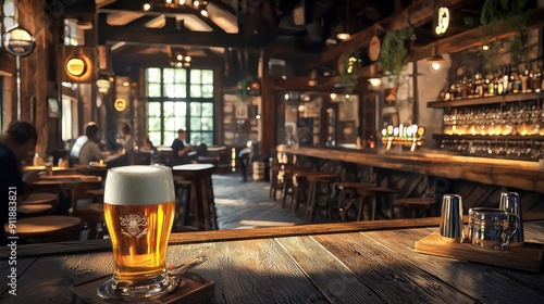 Brewery Pub, customers enjoying craft beers, rustic lighting