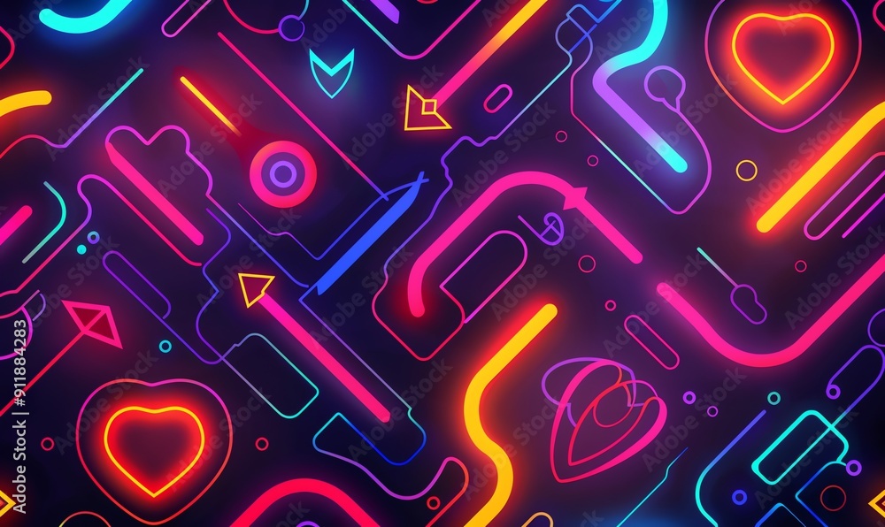 Abstract Neon Geometric Pattern with Hearts Lines and Shapes in Vibrant Colors Abstract Neon Geometric Pattern with Hearts Lines and Shapes in Vibrant Colors