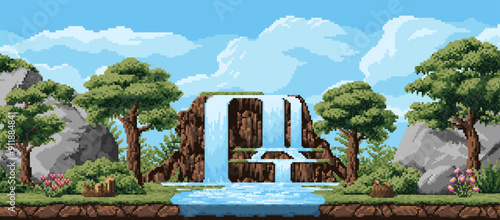 8 bit pixel landscape with mountains and waterfall cascade arcade game level vector background. Pixel art forest trees, sky and green grass, mountain river, flowers nature landscape, video game scene