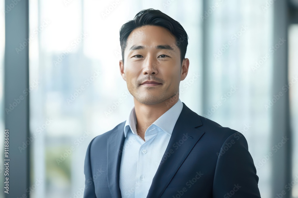 Modern scene of an Asian executive, confidently leading a team meeting, with sunlight filtering through sleek office interiors Modern scene of an Asian executive, confidently leading a team meeting, with sunlight filtering through sleek office interiors