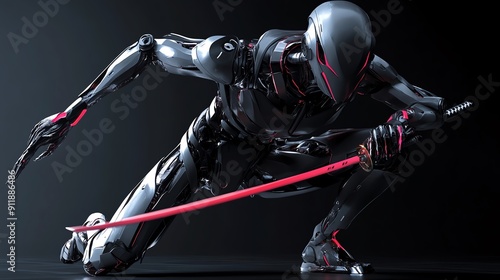 Futuristic robot warrior poised with a sword, showcasing sleek design and advanced technology in a dark environment.