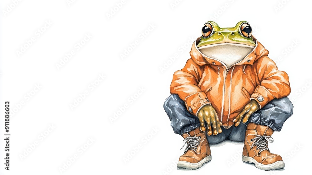 Strange yet captivating light watercolor of a frog wearing a raincoat and boots Strange yet captivating light watercolor of a frog wearing a raincoat and boots