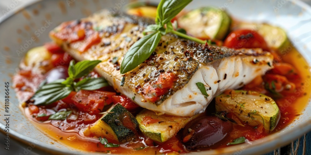 Greek style Fish with Vegetables and Tomato Sauce Shallow Depth of Field Greek style Fish with Vegetables and Tomato Sauce Shallow Depth of Field