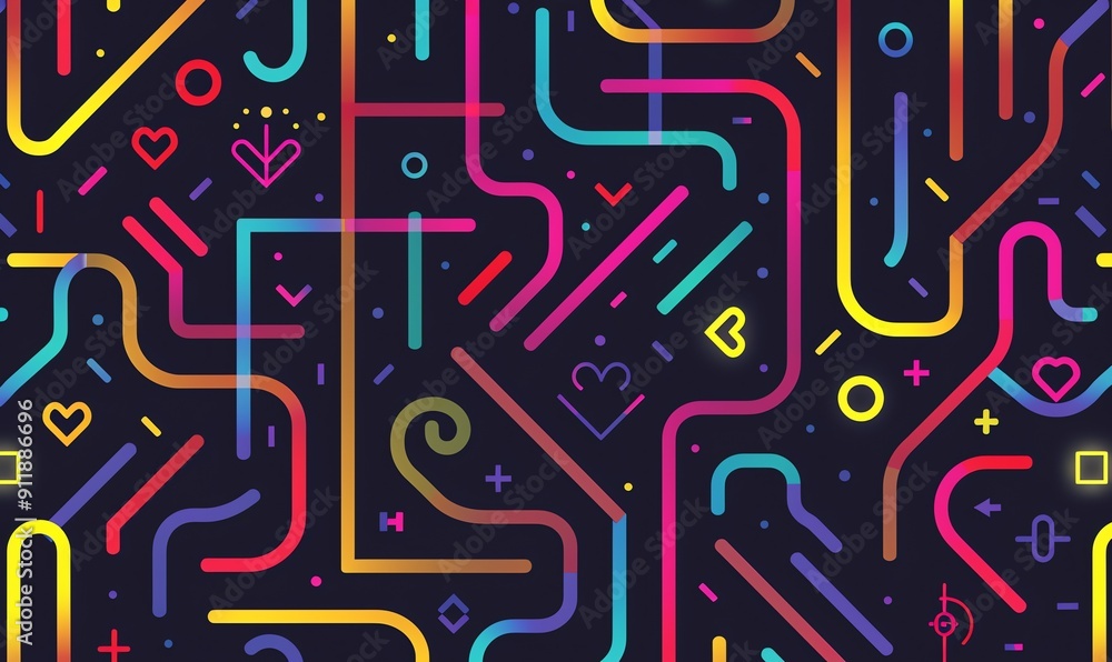 Colorful Geometric Shapes Seamless Pattern on Black Background Abstract Design for Trendy Branding Colorful Geometric Shapes Seamless Pattern on Black Background Abstract Design for Trendy Branding