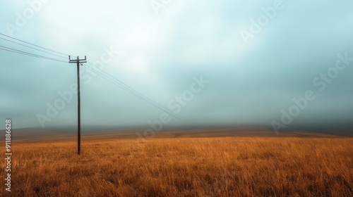 Lonely Power Pole in a Misty Field
