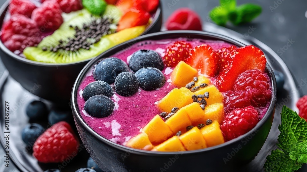 Healthy smoothie, vibrant colors, fresh ingredients, close-up, inviting Healthy smoothie, vibrant colors, fresh ingredients, close-up, inviting