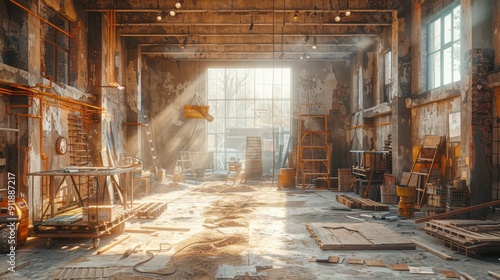 Sunlight Streams Through Windows in Abandoned Warehouse During Golden Hour With Construction Materials and Tools