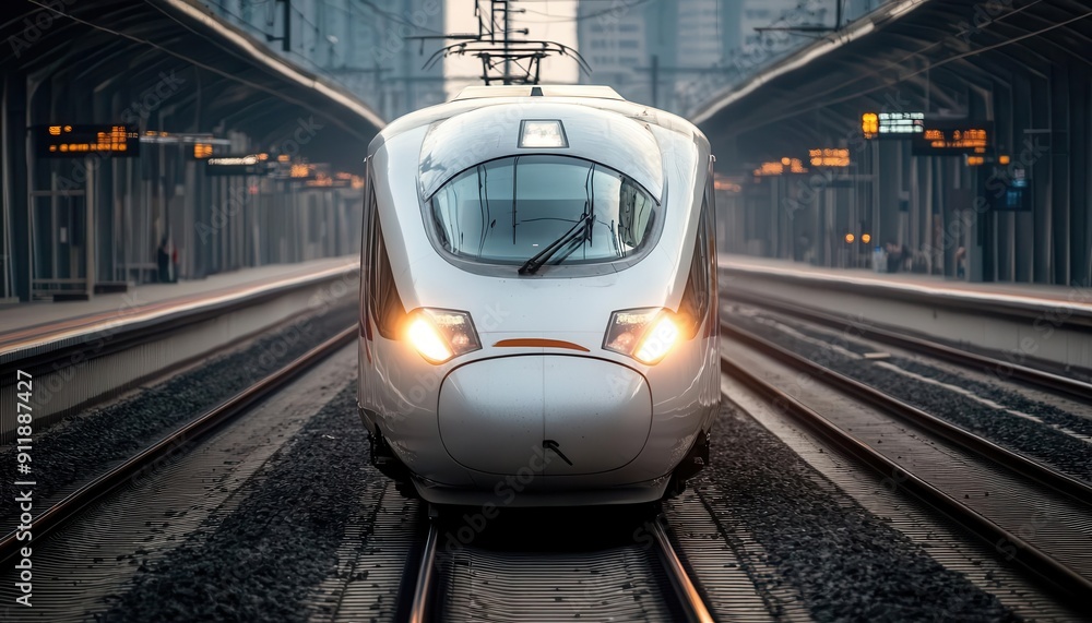 Fototapeta premium High-speed train, vibrant colors, dynamic scenes, urban setting, modern