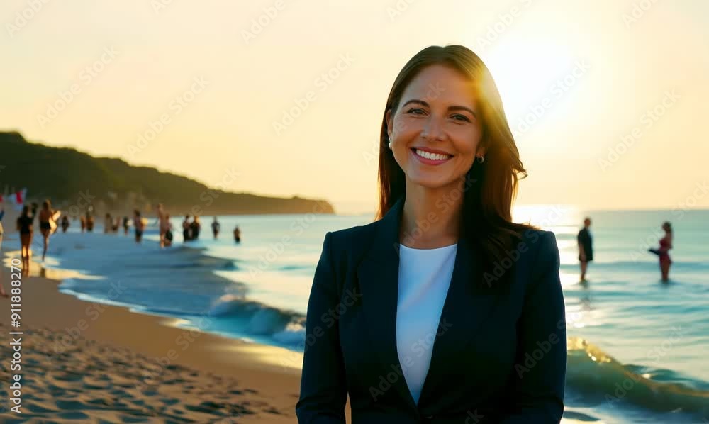 Portrait of smiling businesswoman standing on beach with people in background Portrait of smiling businesswoman standing on beach with people in background