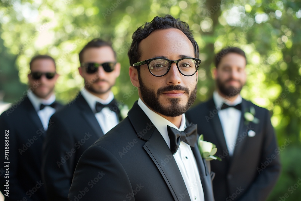 Close up portrait of a groom with groomsmen by his side, wearing tuxedos for a wedding ceremony. Close up portrait of a groom with groomsmen by his side, wearing tuxedos for a wedding ceremony.