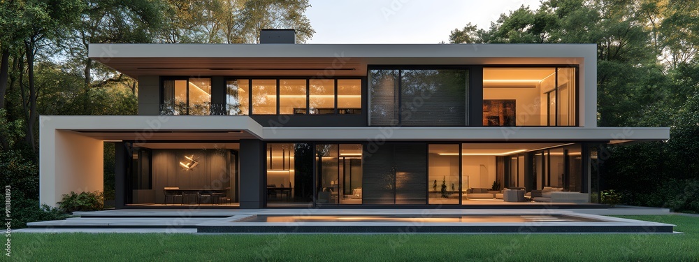 Contemporary Architectural Design. Sleek modern house facade with clean lines and large glass panels Contemporary Architectural Design. Sleek modern house facade with clean lines and large glass panels