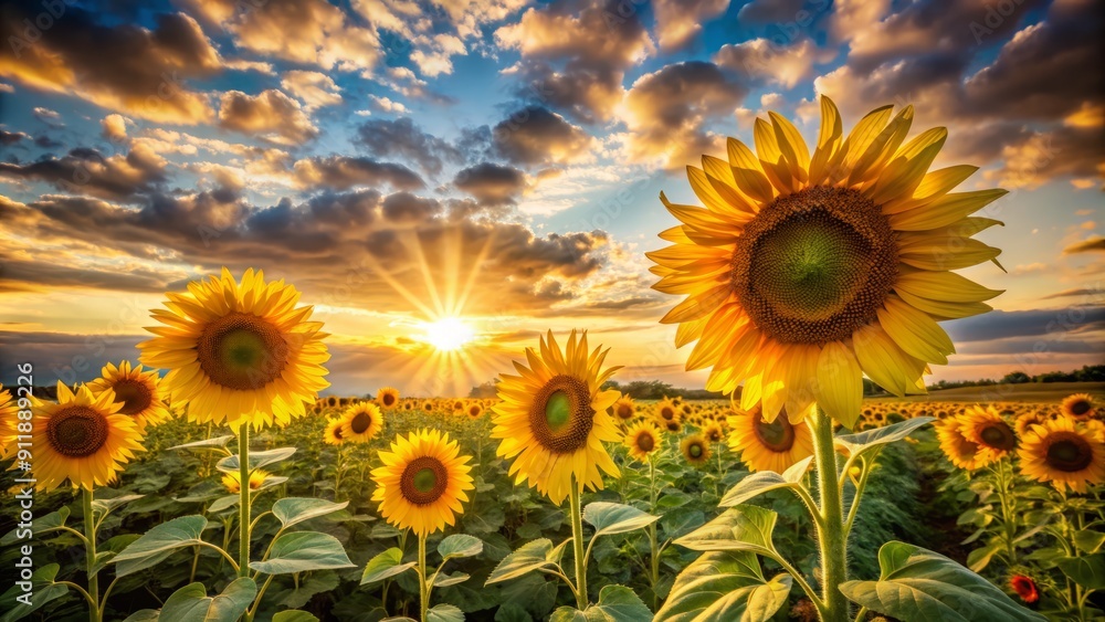 Fototapeta premium Vibrant yellow sunflowers stretch towards the sky, set against a backdrop of fluffy white clouds, capturing the warmth and beauty of a golden sunset on a rural agricultural field.
