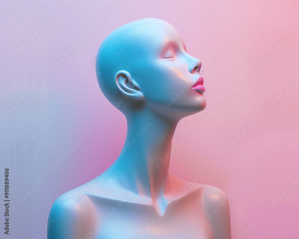 A mannequin with blue skin and pink lips is lit by blue and pink lights.