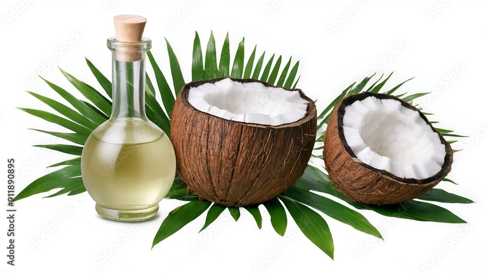 Coconut oil in glass bottle and coconut fruit with green leaves isolated on white background. Coconut oil in glass bottle and coconut fruit with green leaves isolated on white background.